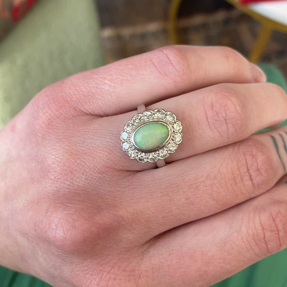Victorian Opal and Diamond ring set in 14k white gold